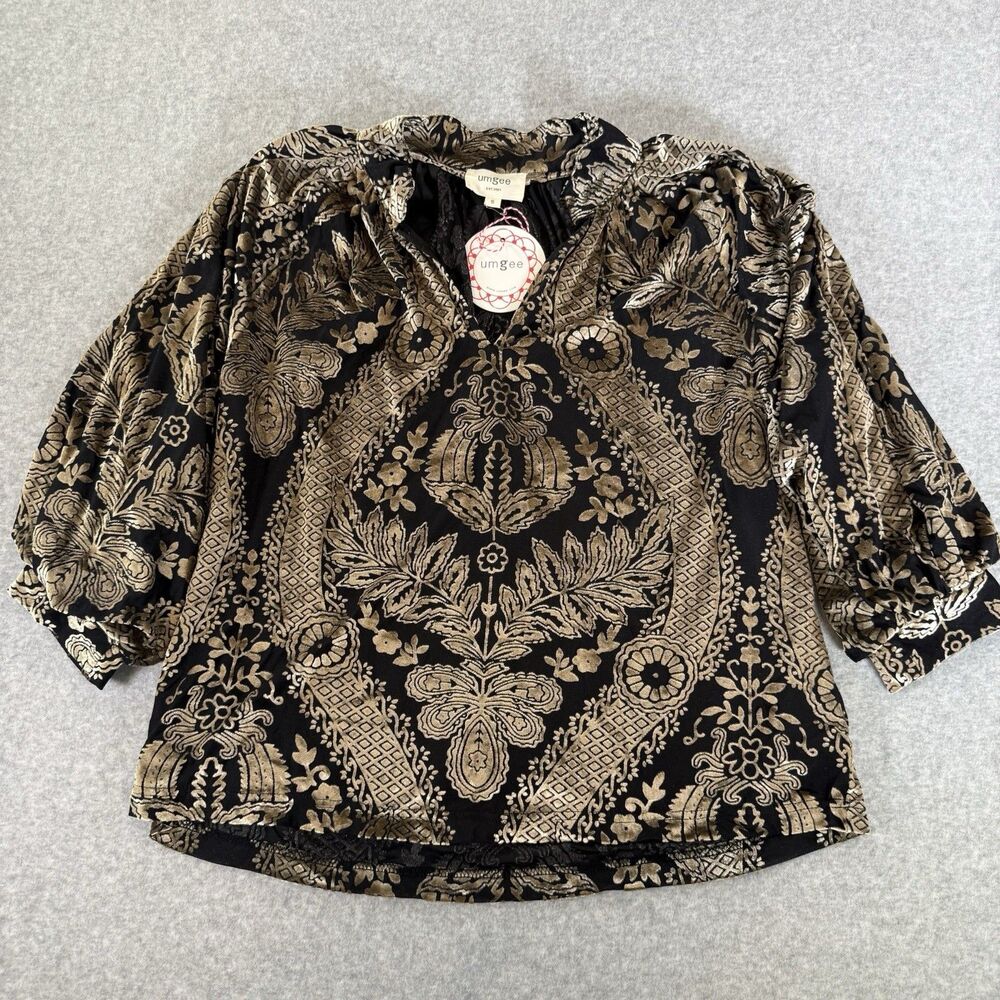 Umgee Velvet Burnout Top Black Gold Floral S Damask Paisley Boho Chic Metallic